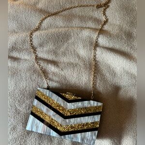 Pearlescent and Gold Striped Evening Clutch with Long Chain Strap